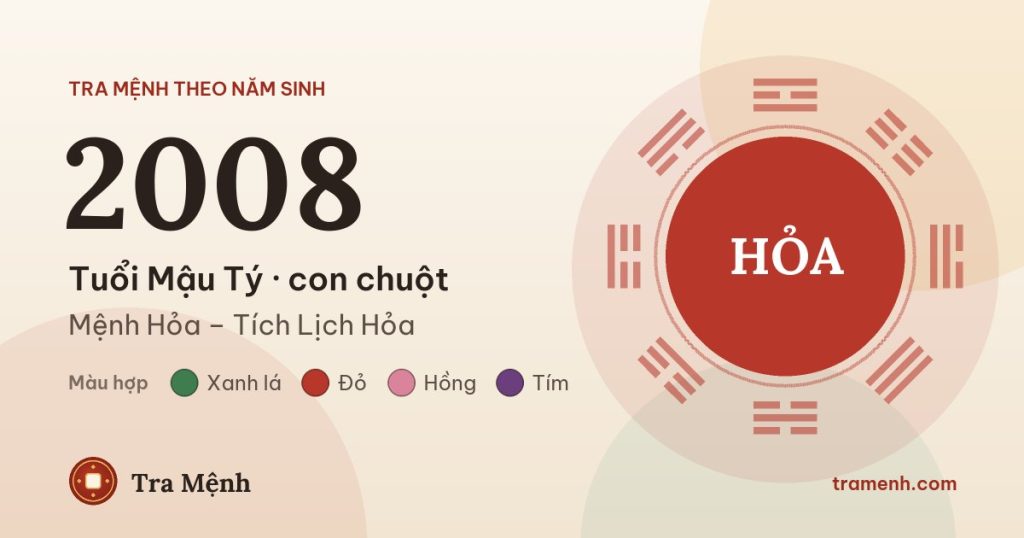 Sinh năm 2008 mệnh gì? Tuổi Mậu Tý hợp màu gì, hướng nào